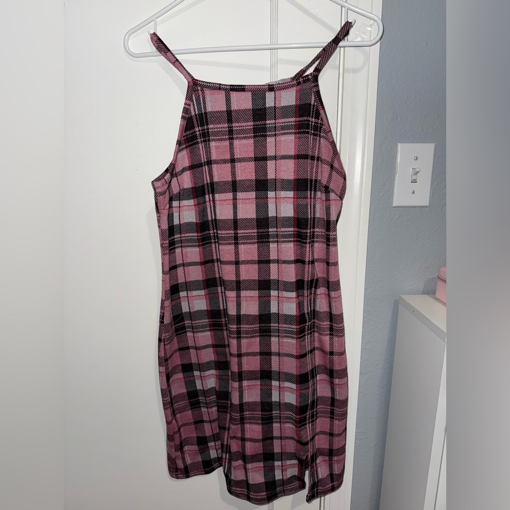 Pink and grey black plaid mini dress